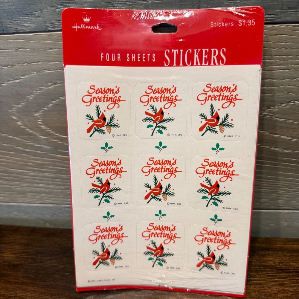 Vintage Hallmark Christmas Stickers 4 Sheets Seasons Greetings Cardinal Bird Red